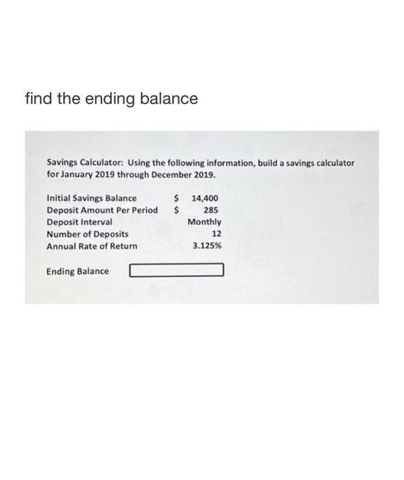 Find The Ending Balance Savings Calculator Using The Following Information Build A Savings Calculator For January 2019 1