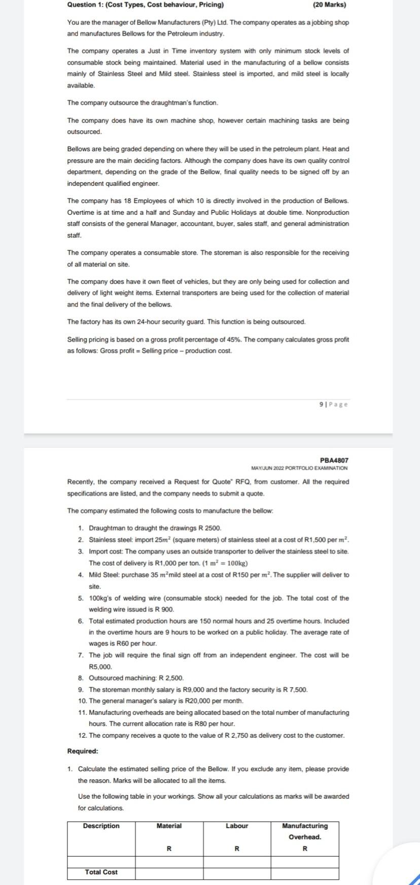 Question 1 Cost Types Cost Behaviour Pricing 20 Marks You Are The Manager Of Bellow Manufacturers Pty Ltd The 1