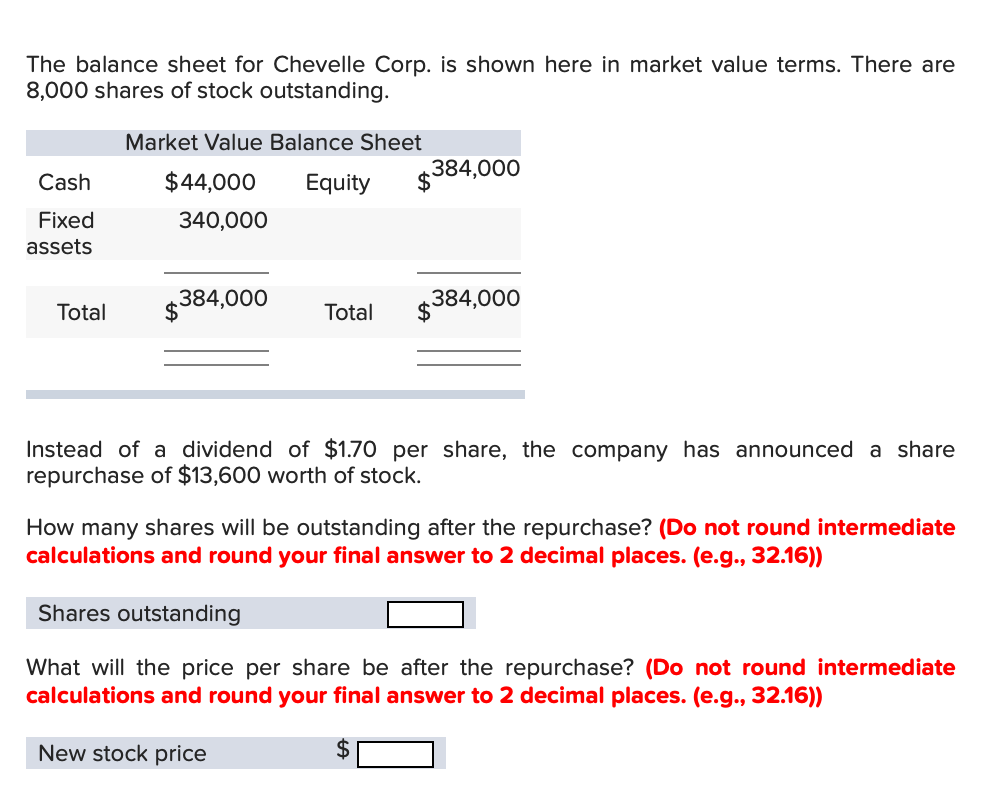 The Balance Sheet For Chevelle Corp Is Shown Here In Market Value Terms There Are 8 000 Shares Of Stock Outstanding C 1