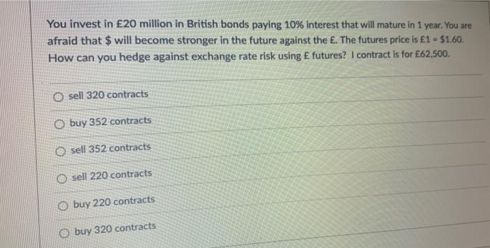 You Invest In 20 Million In British Bonds Paying 10 Interest That Will Mature In 1 Year You Are Afraid That Will Be 1