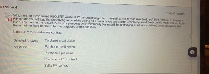 Uestion 4 0 Out Of 1 Points Which One Of These Would Require You To Buy The Underlying Asset Even If Its Not In Your 1