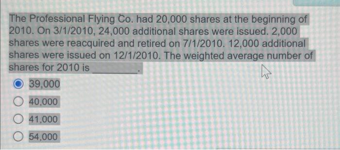 The Professional Flying Co Had 20 000 Shares At The Beginning Of 2010 On 3 1 2010 24 000 Additional Shares Were Issue 1