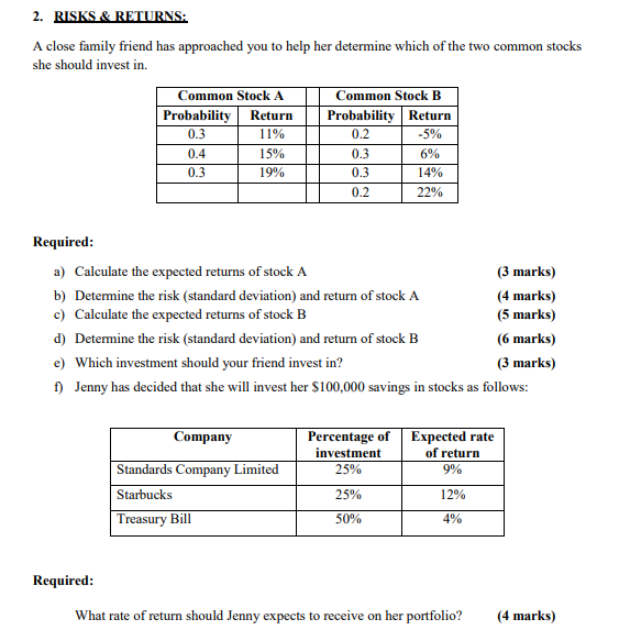 2 Risks Returns A Close Family Friend Has Approached You To Help Her Determine Which Of The Two Common Stocks She Sh 1