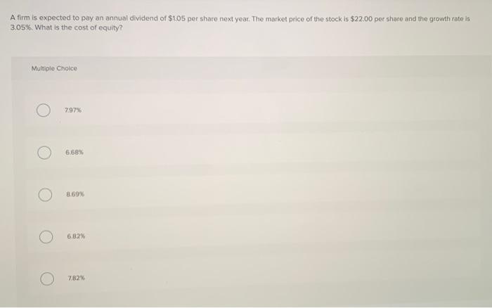 A Firm Is Expected To Pay An Annual Dividend Of 1 05 Per Share Next Year The Market Price Of The Stock Is 22 00 Per S 1