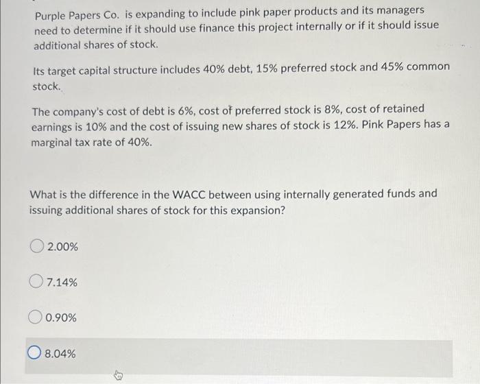 Purple Papers Co Is Expanding To Include Pink Paper Products And Its Managers Need To Determine If It Should Use Financ 1