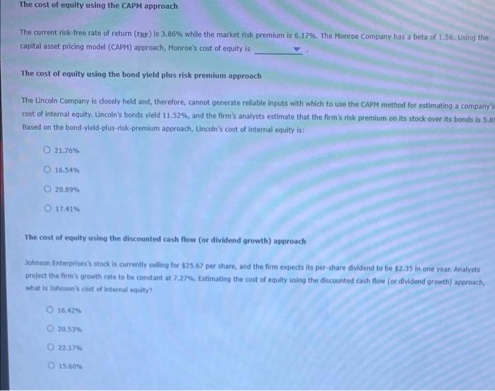The Cost Of Equity Using The Capm Approach The Current Risk Free Rate Of Retum Tlp Is 3 86 While The Market Risk Prem 1