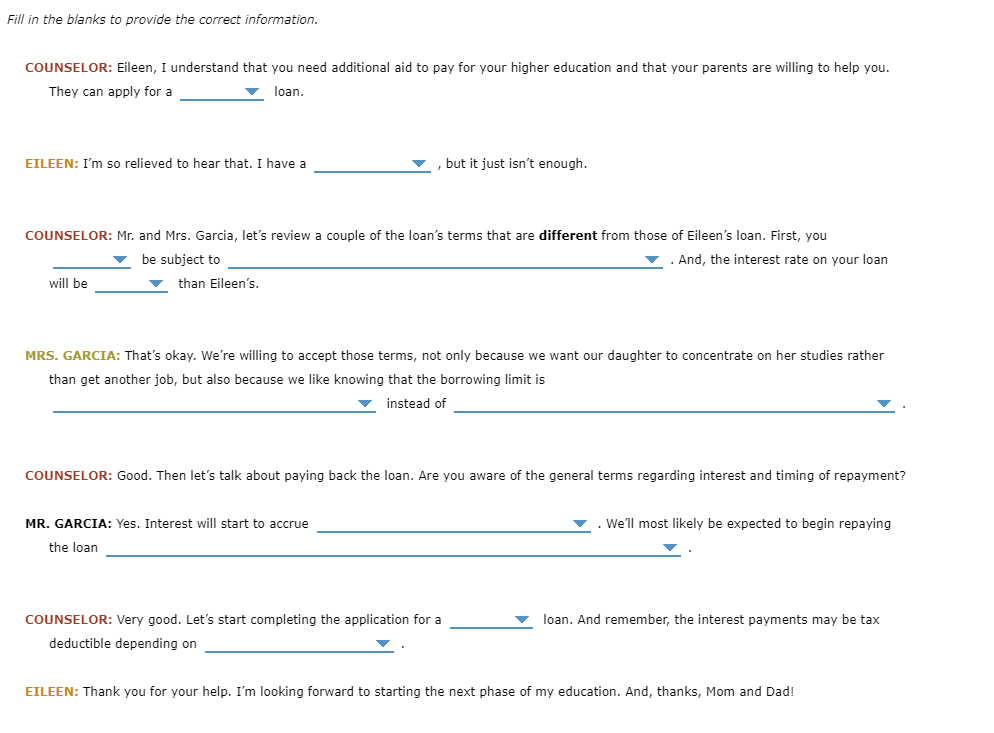 Fill In The Blanks To Provide The Correct Information Counselor Eileen I Understand That You Need Additional Aid To P 1
