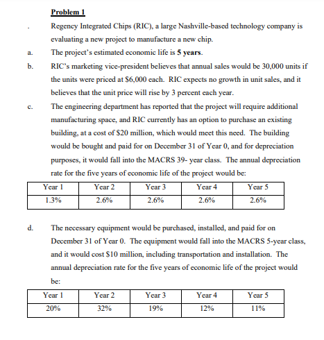 B D Problem 1 Regency Integrated Chips Ric A Large Nashville Based Technology Company Is Evaluating A New Project T 1