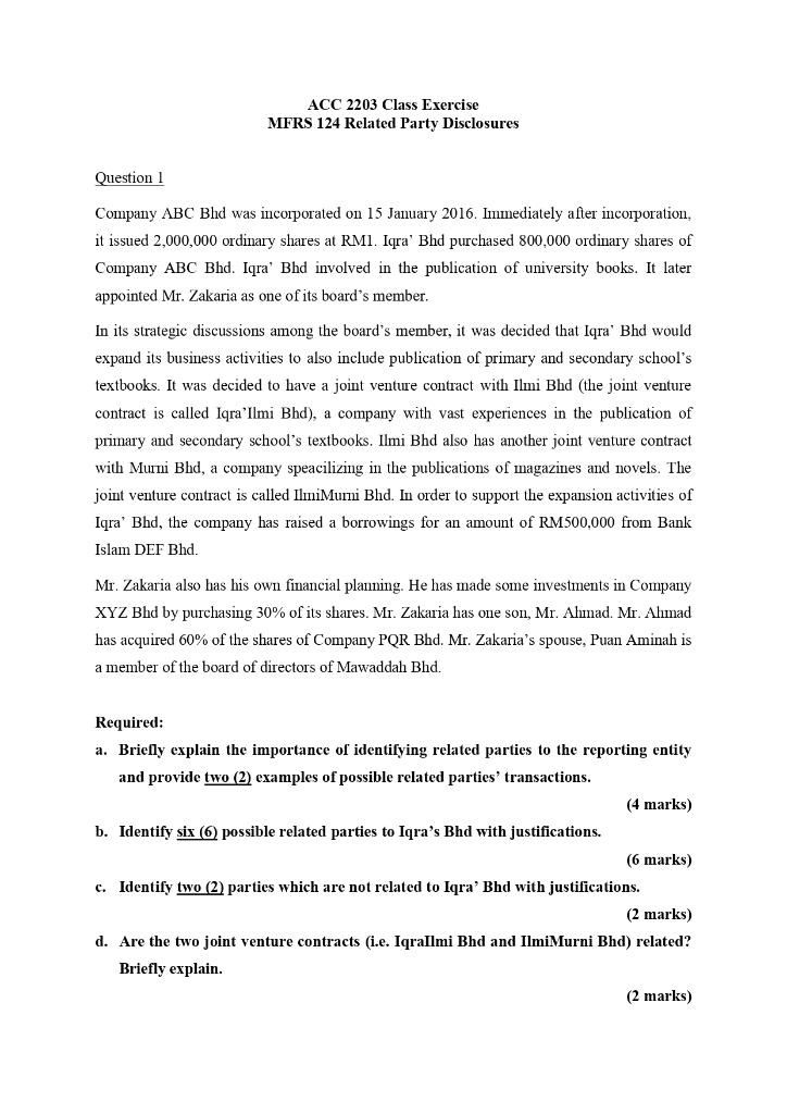 Acc 2203 Class Exercise Mfrs 124 Related Party Disclosures Question 1 Company Abc Bhd Was Incorporated On 15 January 201 1