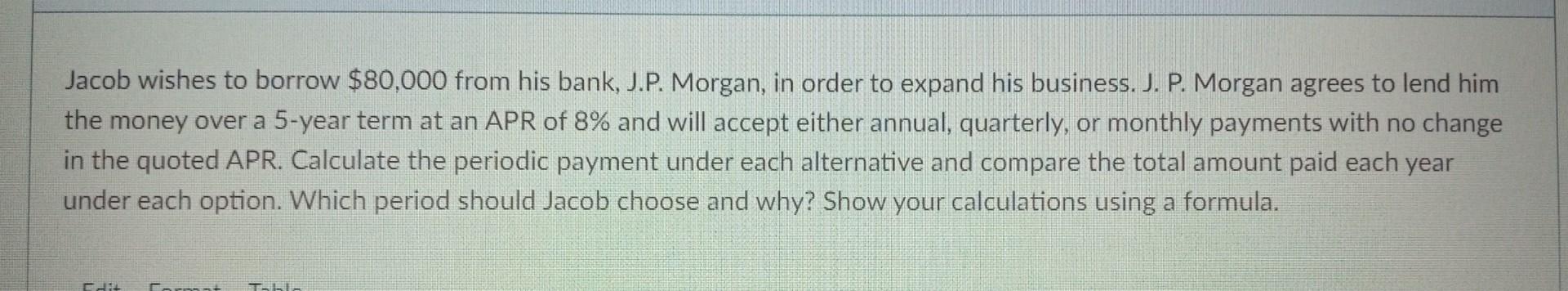 Jacob Wishes To Borrow 80 000 From His Bank J P Morgan In Order To Expand His Business J P Morgan Agrees To Lend 1