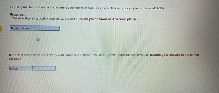 Cd Bargain Barn Is Forecasting Earnings Per Share Of 3 15 Next Year Its Investors Require A Return Of 14 5 Required 1