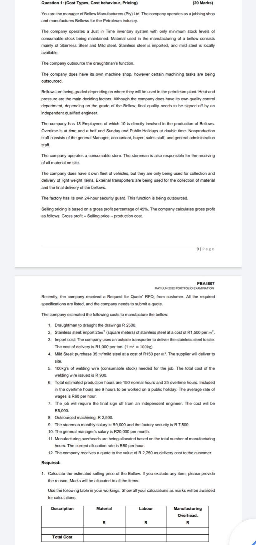 Question 1 Cost Types Cost Behaviour Pricing 20 Marks You Are The Manager Of Bellow Manufacturers Pty Ltd The 1