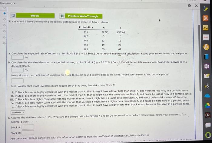 Homework Oooo H Ebook Problem Walk Through Stocks A And B Have The Following Probability Distributions Of Expected Futur 1