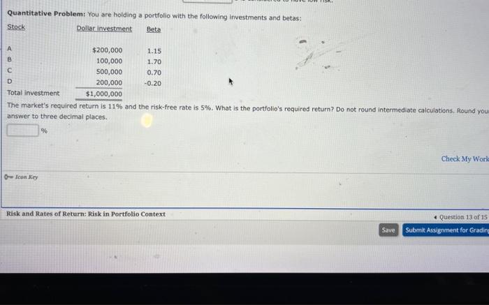 Quantitative Problem You Are Holding A Portfolio With The Following Investments And Betas Dollar Investment Beta Stock 1