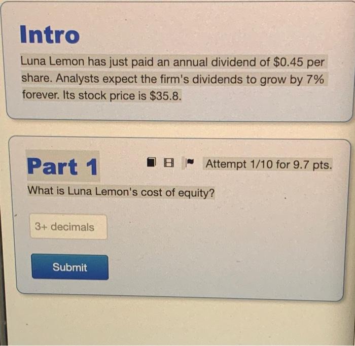 Intro Luna Lemon Has Just Paid An Annual Dividend Of 0 45 Per Share Analysts Expect The Firm S Dividends To Grow By 7 1