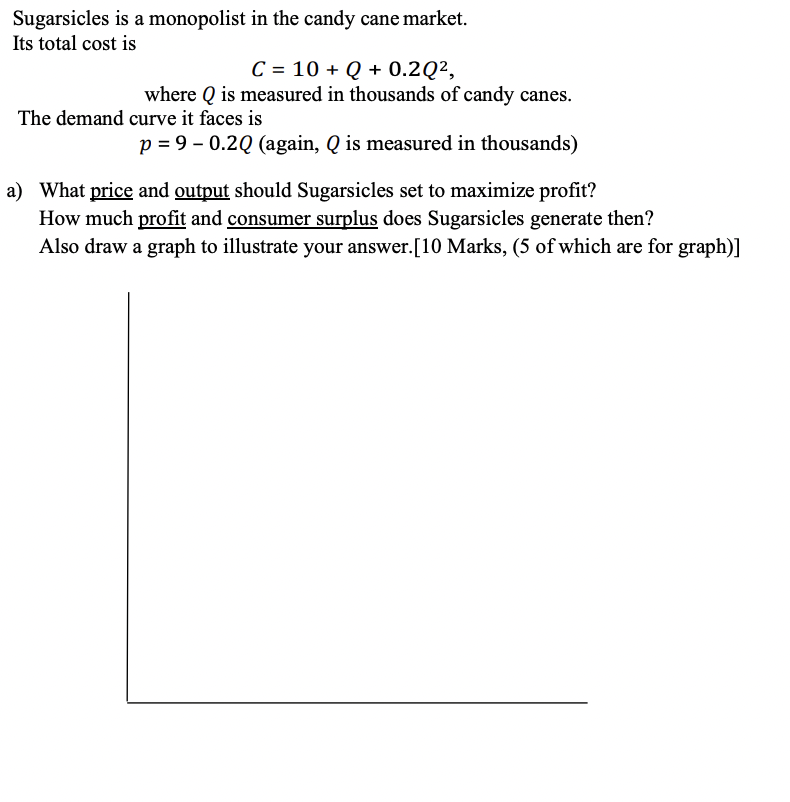 Sugarsicles Is A Monopolist In The Candy Cane Market Its Total Cost Is C 10 Q 0 2q Where Q Is Measured In Thousan 1