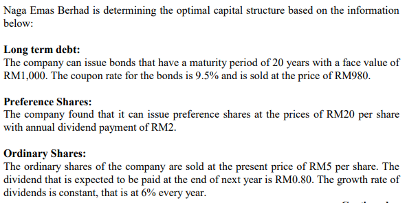 Naga Emas Berhad Is Determining The Optimal Capital Structure Based On The Information Below Long Term Debt The Compan 1