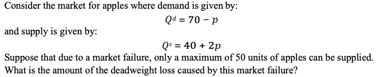 Consider The Market For Apples Where Demand Is Given By Qd 70 P And Supply Is Given By Qs 40 2p Suppose That Due 1