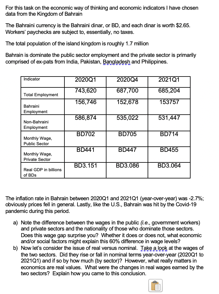 For This Task On The Economic Way Of Thinking And Economic Indicators I Have Chosen Data From The Kingdom Of Bahrain The 1