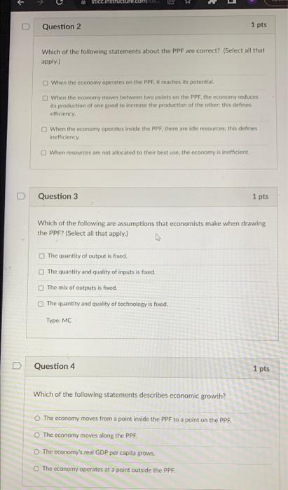 Question 2 Which Of The Following Statements About The Ppf Are Correct Select All That Apply When The Economy Operat 1