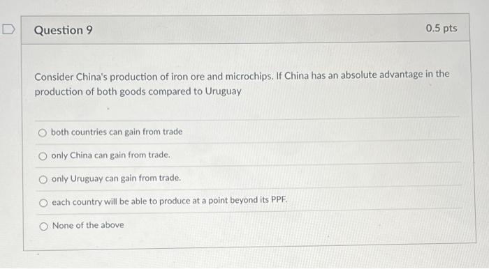 D Question 9 0 5 Pts Consider China S Production Of Iron Ore And Microchips If China Has An Absolute Advantage In The P 1