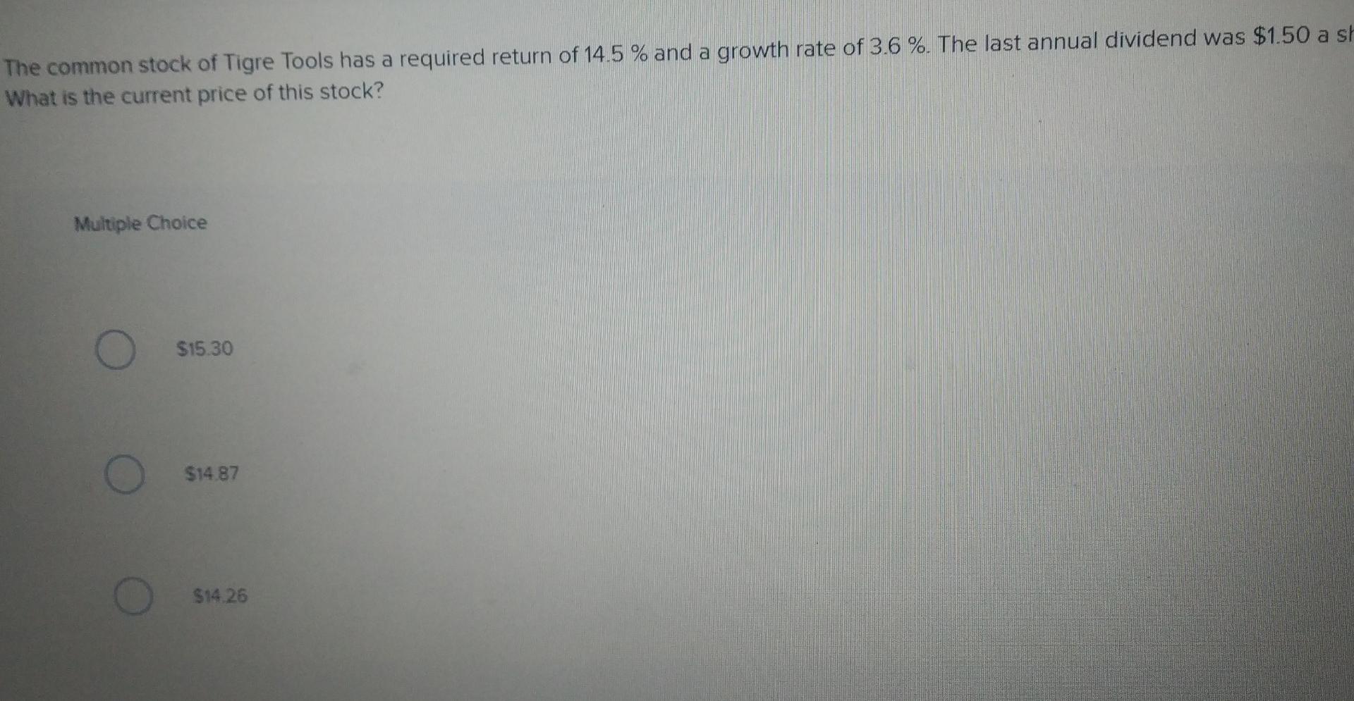 The Common Stock Of Tigre Tools Has A Required Return Of 14 5 And A Growth Rate Of 3 6 The Last Annual Dividend Was 1