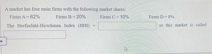 A Market Has Four Main Firms With The Following Market Shares Firms A 62 Firms B 20 Firms C 10 The Herfindahl Hirs 1