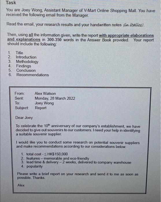Task You Are Joey Wong Assistant Manager Of V Mart Online Shopping Mall You Have Received The Following Email From The 1