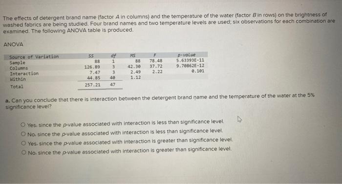 The Effects Of Detergent Brand Name Factor A In Columns And The Temperature Of The Water Factor B In Rows On The Bri 1