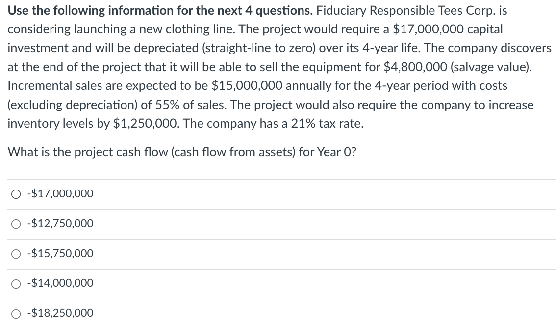 Use The Following Information For The Next 4 Questions Fiduciary Responsible Tees Corp Is Considering Launching A New 1