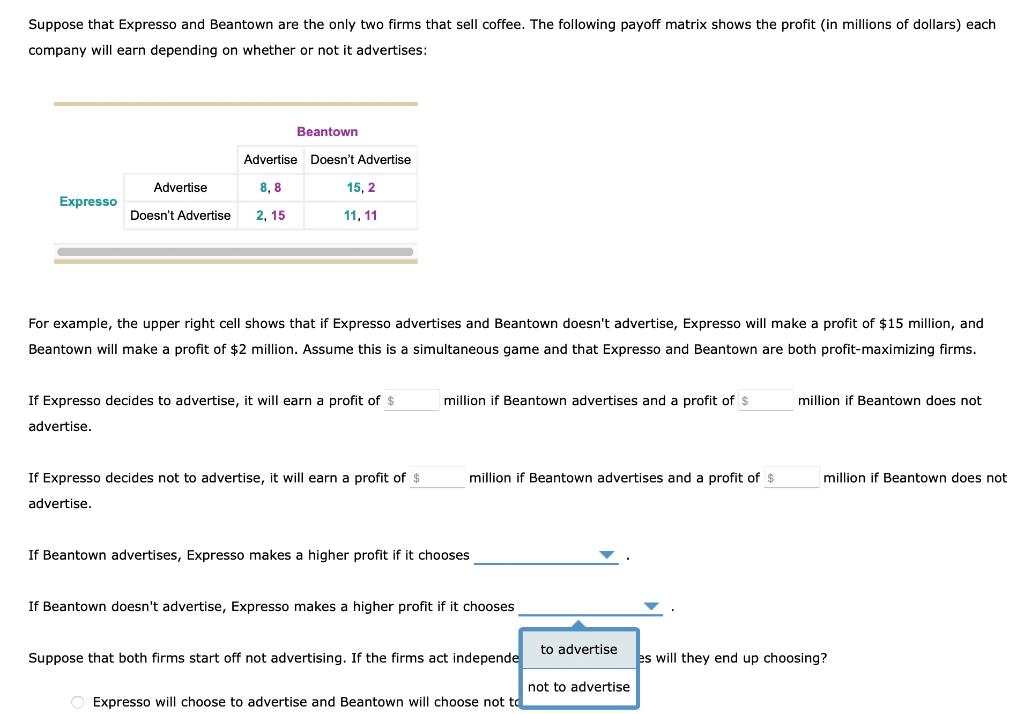 Suppose That Expresso And Beantown Are The Only Two Firms That Sell Coffee The Following Payoff Matrix Shows The Profit 1