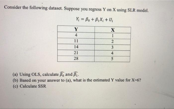 Consider The Following Dataset Suppose You Regress Y On X Using Slr Model Y Bo Bix U Y 4 11 14 21 28 X 1 234 4 5 1