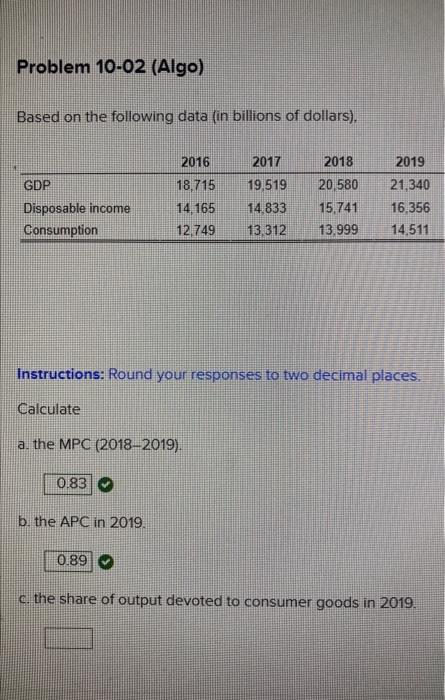 Problem 10 02 Algo Based On The Following Data In Billions Of Dollars Gdp Disposable Income Consumption Instruction 1