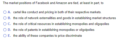 The Market Positions Of Facebook And Amazon Are Tied At Least In Part To O A Cartel Like Conduct And Pricing In Both 1