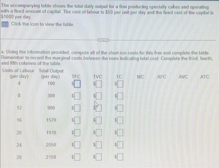 The Accompanying Table Shows The Total Daily Output For A Firm Producing Specialty Cakes And Operating With A Fixed Amou 1