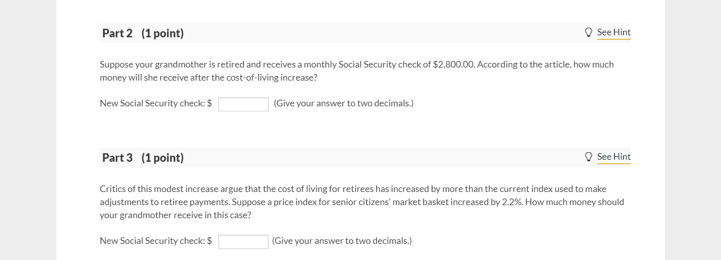 Part 2 1 Point Suppose Your Grandmother Is Retired And Receives A Monthly Social Security Check Of 2 800 00 Accordin 1