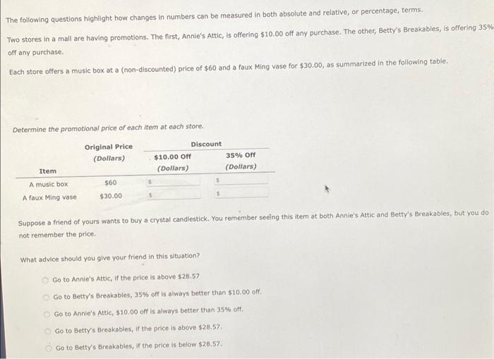 The Following Questions Highlight How Changes In Numbers Can Be Measured In Both Absolute And Relative Or Percentage T 1