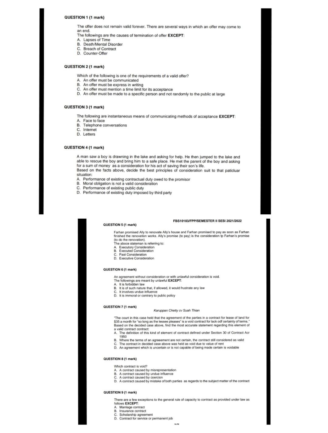 Question 1 1 Mark The Offer Does Not Remain Valid Forever There Are Several Ways In Which An Offer May Come To An End 1