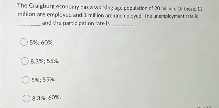 The Craigburg Economy Has A Working Age Population Of 20 Million Of Those 11 Million Are Employed And 1 Million Are Un 1