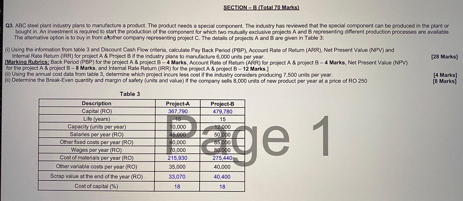 Section B Total 70 Marks Q3 Abc Steel Plant Industry Plans To Manufacture A Product The Product Needs A Special Com 1