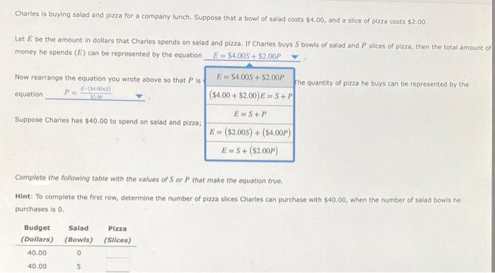 Graphing Linar Equations Transcript Charles Is Buying Salad And Pizza For A Company Lunch Suppose That A Bowl Of Salad 2