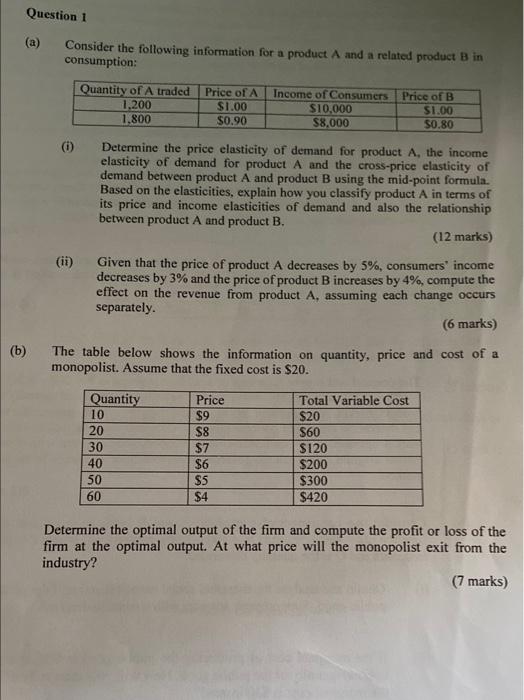 B Question 1 Consider The Following Information For A Product A And A Related Product B In Consumption 1 Ii Quant 1