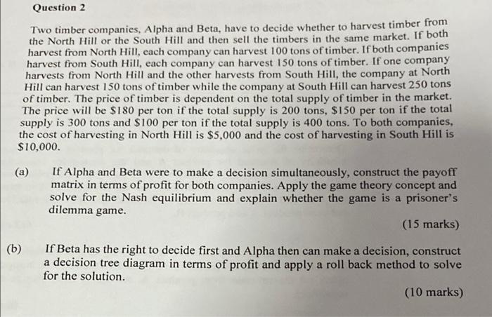 Two Timber Companies Alpha And Beta Have To Decide Whether To Harvest Timber From The North Hill Or The South Hill And 2