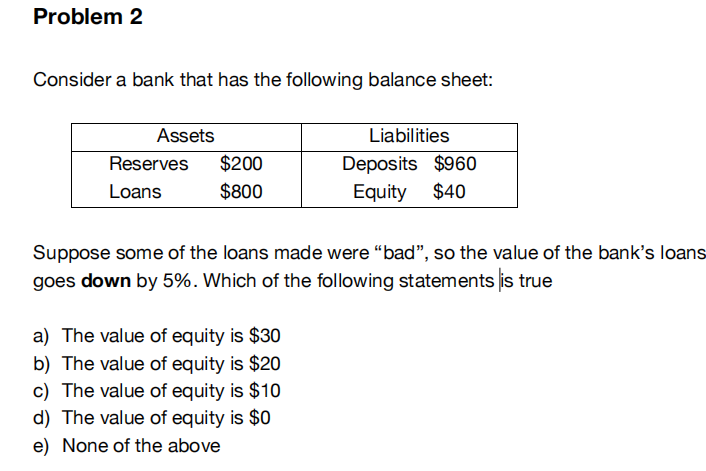 Problem 2 Consider A Bank That Has The Following Balance Sheet Assets Reserves Loans 200 800 Liabilities Deposits 96 1