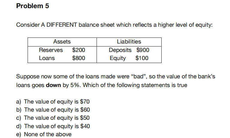 Problem 5 Consider A Different Balance Sheet Which Reflects A Higher Level Of Equity Assets Reserves Loans 200 800 Li 1