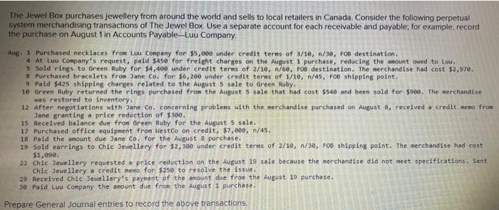 The Jewel Box Purchases Jewellery From Around The World And Sells To Local Retailers In Canada Consider The Following P 1