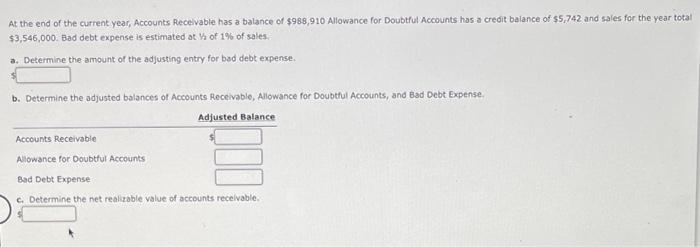 At The End Of The Current Year Accounts Receivable Has A Balance Of 988 910 Allowance For Doubtful Accounts Has A Cred 1