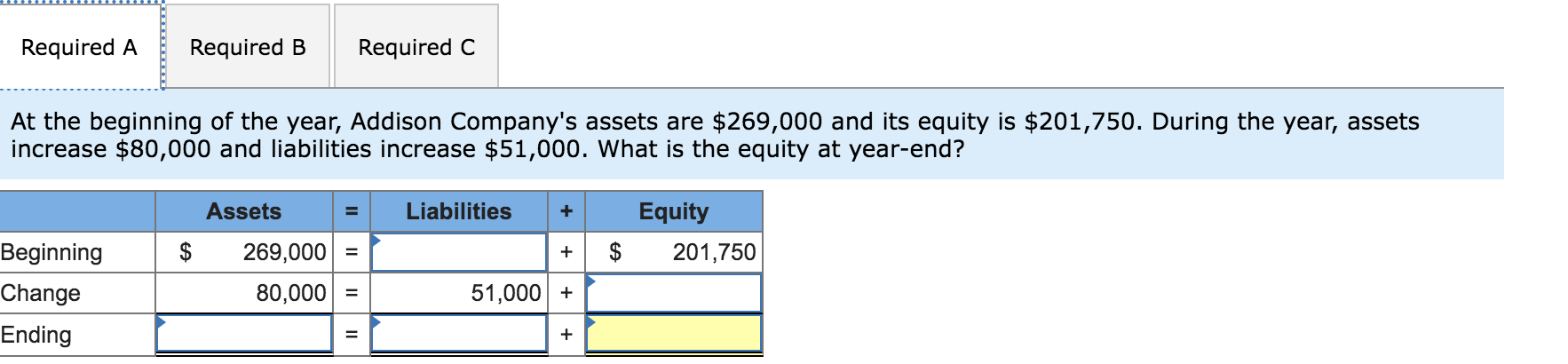 Required A Required B Required C At The Beginning Of The Year Addison Company S Assets Are 269 000 And Its Equity Is 1