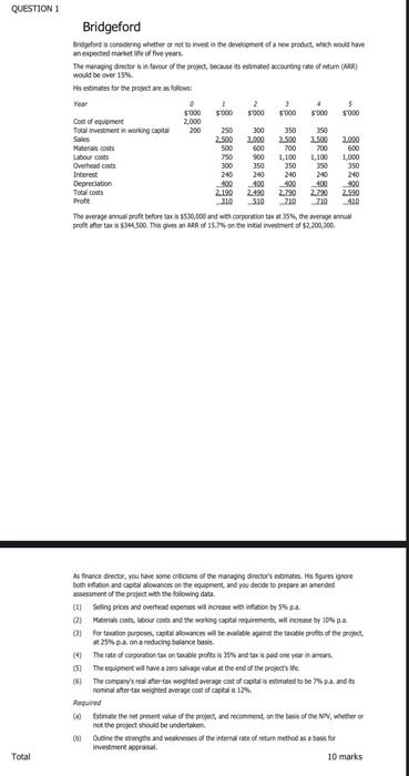 Question 1 Business Finance 2 Assignment Bridgeford Bridgeford Is Considering Whether Or Not To Invest In The Developmen 3