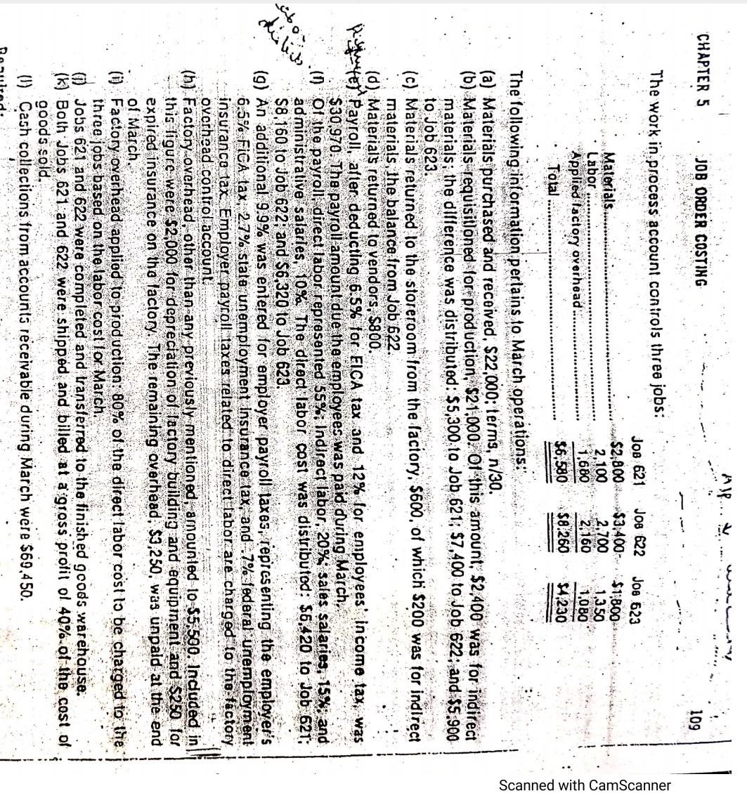 Alp Chapter 5 Job Order Costing 109 The Work In Process Account Controls Threa Jobs Job 621 Jos 623 Jos 622 2 800 3 2